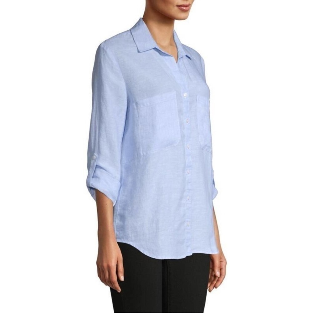 Pure Navy Chambray Linen Button Down Blouse